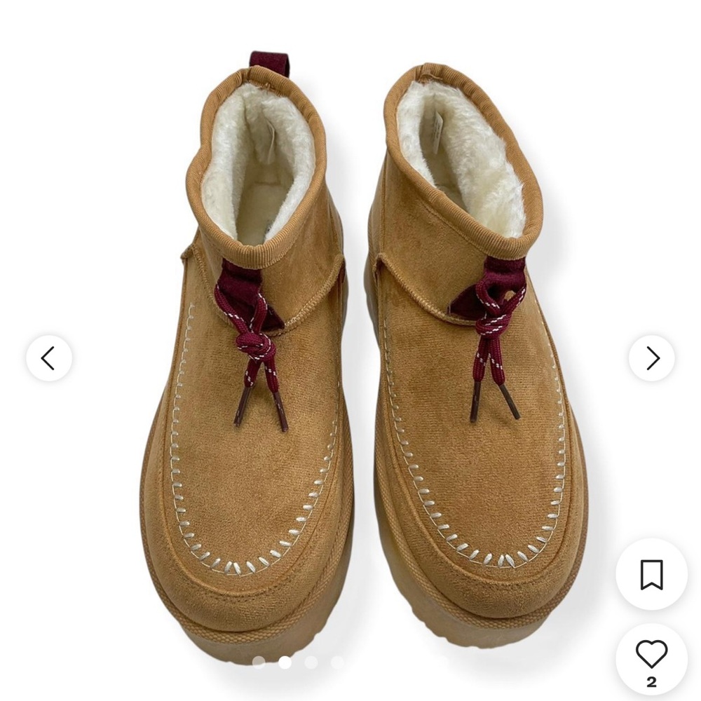 Mudd Tan Suede Ankle Boots with Burgundy Accents